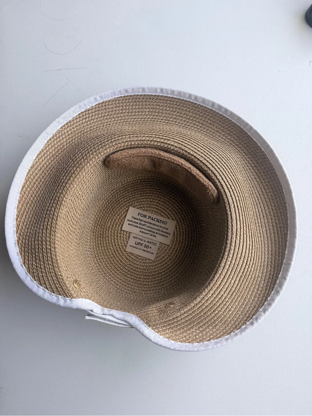 Eric Javits Straw Hat UPF 50+ Packable Sun Hat Tan White Trim Designer Summer - Picture 4 of 9
